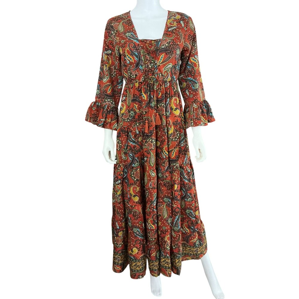 Boemo Tiered Maxi Dress M Rust Orange Turquoise Paisley Ruffle BOHO Festival NEW